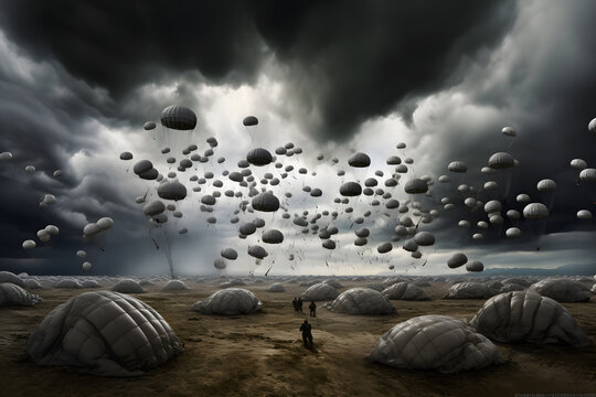 Military parachutist paratroopers jumping out of an air force airplane. Neural network AI generated art