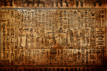 Ancient Egyptian drawings and hieroglyphs on the wall in the temple. Neural network AI generated art