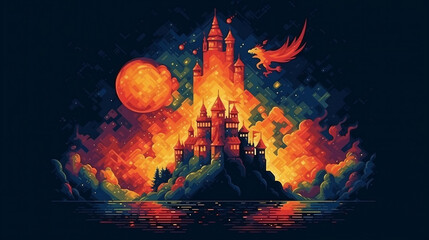 Pixel art, sparkling castle, and dragon (ai generated)