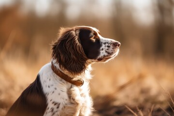 brown and white dog standing in a green field under a blue sky. Generative AI