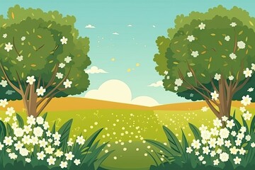 Obraz premium colorful field with blooming trees and flowers in the foreground. Generative AI