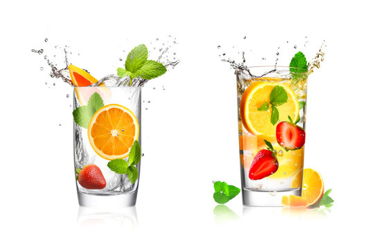Illustration of two fruit cocktail drinks on white background, AI Generated image.