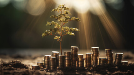 Growing Wealth: The Symbolism of a Small Tree Sprouting from a Stack of Coins