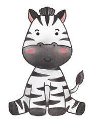 Zebra . Watercolor paint design . Cute animal cartoon character . Sitting position . Vector .