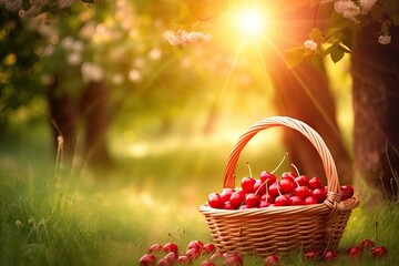 basket full of ripe cherries on green grass. Generative AI