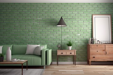 Fototapeta na wymiar cozy living room with a unique green brick accent wall. Generative AI