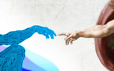 The creation of Artificial Intelligence: version of Michelangelo's painting "The Creation of Adam" depicting the development of artificial intelligence and machine learning. 