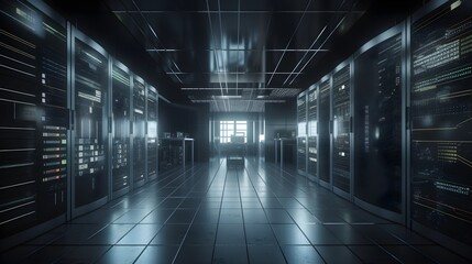 Futuristic Data Center or Server room with Secure Environment, Cloud Storage Facility, and Server Racks for Hosting and Data Management, generative ai