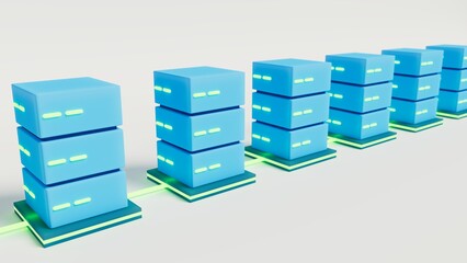 row of database servers connected in a row in white scene, 3d illustration
