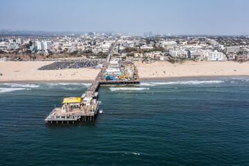 Santa Monica, California, USA - April 2023, aerial view of famous Santa Monica Pier - end of Route...