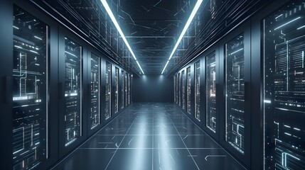 Fototapeta premium Modern and Ultimate Server Room with racks full of servers, Server Computers with data hud , generative ai