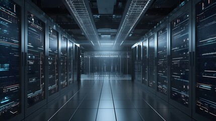 Most Advance High-Tech Server Room Interior Racks and Routers, Data center full of supercomputers and servers, Interior of a Cloud Storage Facility in Server Room, generative ai