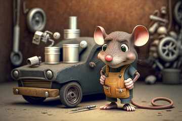 Cute cartoon mouse or rat wearing overalls curiously looking at viewer in the garage. Automotive technician mouse, repair vehicle concept. Fictional person and place. Made with Generative AI