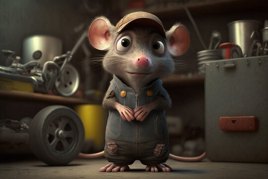 Cute cartoon mouse or rat wearing overalls and cap curiously looking at viewer in the garage. Automotive technician mouse, repair vehicle concept. Fictional person and place. Made with Generative AI