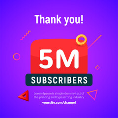 5 million followers vector post 5m celebration. Five millions subscribers followers thank you congratulation.