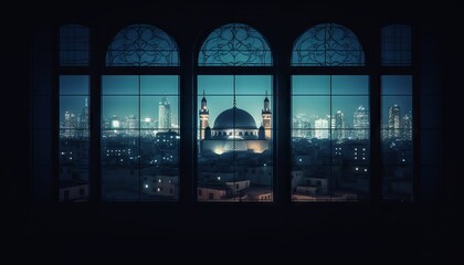 image of a window with a view of a city skyline, with a mosque lit up in the distance to celebrate Eid al-Fitr. Generative ai