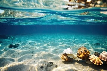 Fototapeta na wymiar collection of colorful seashells submerged underwater. Generative AI