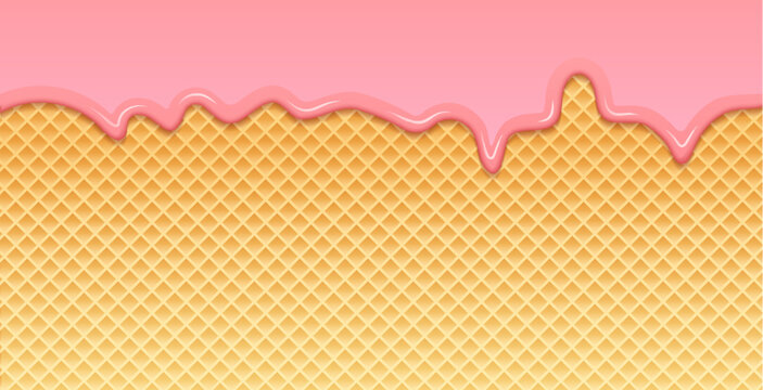 Pink strawberry cream melted waffle cone vector pattern. Icecream waffle sweet liquid biscuit candy cartoon cream.