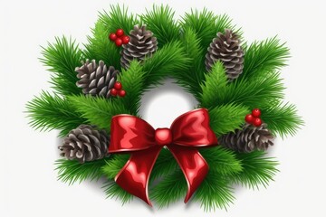 festive Christmas wreath adorned with pine cones and a red bow. Generative AI