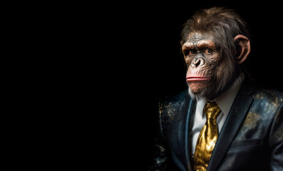 Fototapeta premium The Business Primate: Meet the Serious Chimp in a Gold Tie. Generative AI.