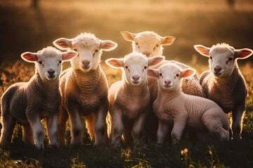 Fototapeta premium flock of sheep grazing on a vibrant green pasture. Generative AI