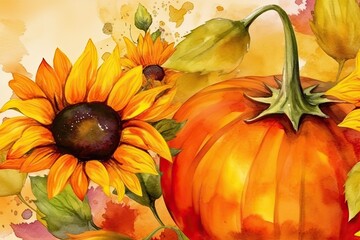 vibrant still life painting featuring a pumpkin and sunflowers. Generative AI