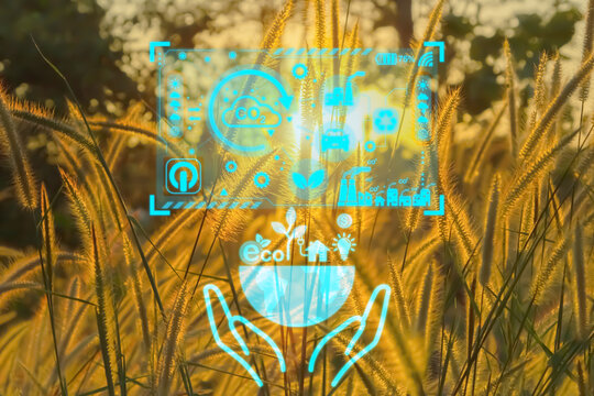 Investment in renewable energy, sustainable and clean tech. Including environmentally friendly energy-related icons in an energy-saving on hand. Energy-saving and environmental concepts on Earth Day.