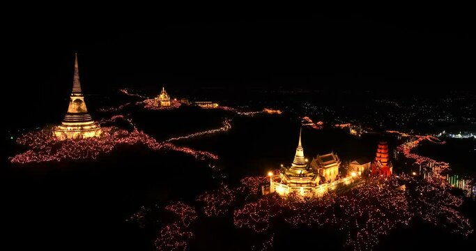 aerial view Stunning fireworks over the hilltop palace in the heart of Phetchaburi, Thailand. .Fireworks dazzling. Annual Festival of City Lights and Fireworks.decorative lights background.