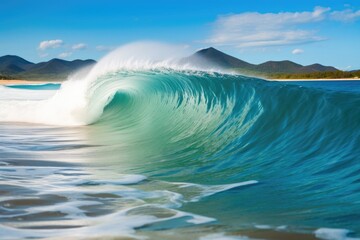 powerful ocean wave crashing onto a sandy beach. Generative AI