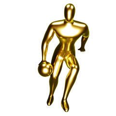 3d gold basketball player figure doing dribble pose.