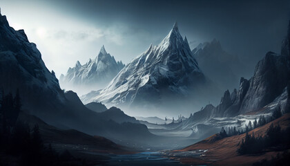 Big mountains landscape with foggy scene Ai generated image