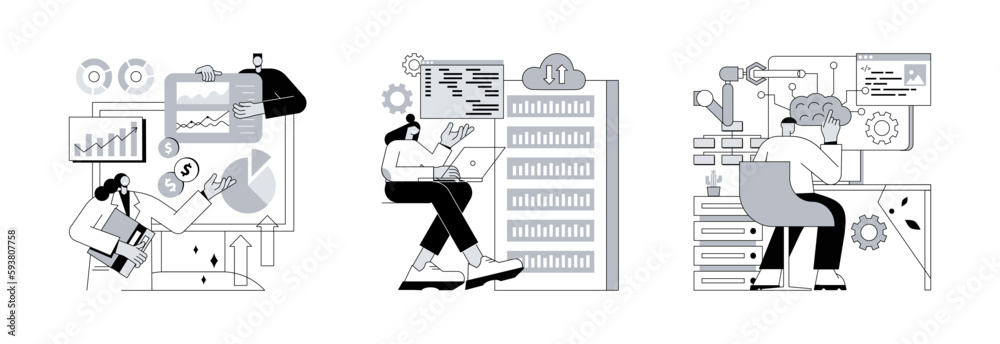 Poster it software solutions abstract concept vector illustration set. enterprise it management, big data d