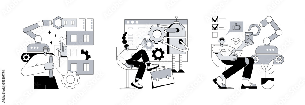 Poster machine work abstract concept vector illustration set. robotics construction, collaborative artifici