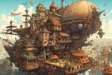 Steampunk futuristic flying city (ai generated)