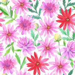 Colorful seamless pattern with watercolor pink and red dahlia flowers.