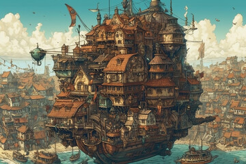 Steampunk futuristic flying city on the sky (ai generated)