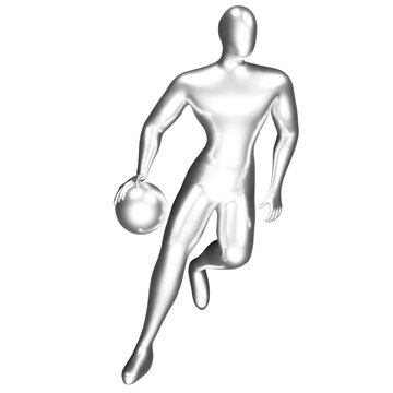 3d silver basketball player figure doing dribble pose.