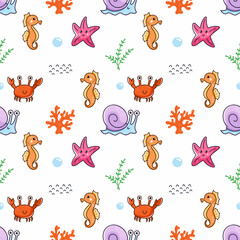 Marine life at bottom of sea. Aquarium. Seamless pattern for sewing children clothing. Printing on fabric and packaging paper. Seabed.