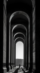 Fototapeta premium Tiny unrecognisable human silhouette in brick viaduct or rail bridge, light shining via tall arches, AI generative black white illustration