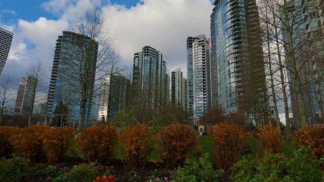 False Creek, Downtown Vancouver, British Columbia, Canada. Cloudy Sunny Sky in the City. Slow Motion