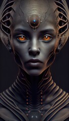 An alien, cyborg, robot, that comes from another world light years away. They have orange glowing eyes and silver skin. This is a generative ai picture..