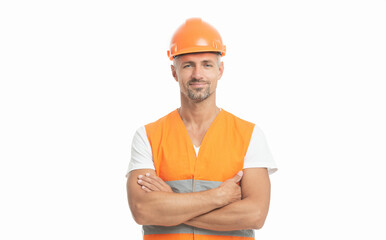 man worker in white studio. man worker in helmet on background. - obrazy, fototapety, plakaty