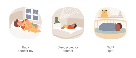 Baby bedtime isolated cartoon vector illustration set. Infant lying with plush warm soother, sleep projector soother, starlight projection, musical toy, calming night light lamp vector cartoon.