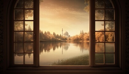 Fototapeta na wymiar image of a window with a view of a peaceful lake or river, with a mosque on its banks to celebrate Eid al-Fitr. Generative ai