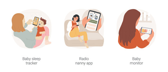Baby sleep gadgets isolated cartoon vector illustration set. Baby sleep tracker, radio nanny app, mom smartphone application, infant sleep video monitor, newborn cry detection vector cartoon.