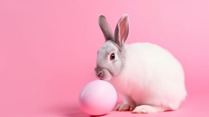 Naklejka na ściany i meble Easter bunny rabbit with pink painted egg on pink background. Easter holiday concept.