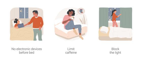 Sleep hygiene isolated cartoon vector illustration set. No electronic devices before bed, take tablet from kid, limit caffeine, block the light before sleep, put dark curtains vector cartoon.