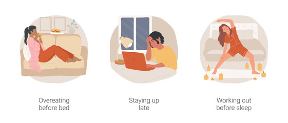Bad habits before sleep isolated cartoon vector illustration set. Overeating before bed, night eater, staying up late, watch screen in the dark, working out before sleep, insomnia vector cartoon.