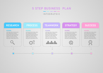 5 Step Business Planning Success Infographic Multi-colored squares and outlines with letters and icons. Arrows and bottom circles connected, gray gradient background.