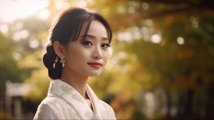 Fictional person, closeup illustration of wedding photo of Asian bride woman with blurry bokeh background. Bridal portrait. Created using generative AI.